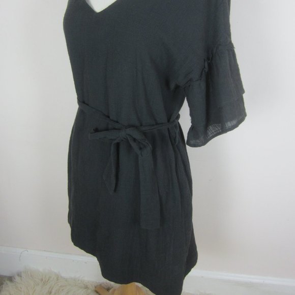 Gray Shirt Dress V-Neck Ruffle Sleeve Universal Thread Mini Dress Tie Sash XS - Picture 2 of 4